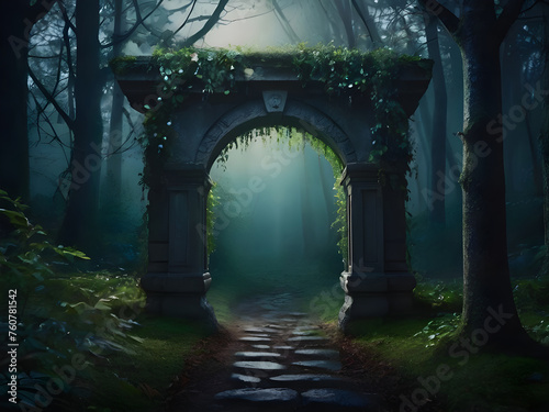 Archway in an enchanted fairy forest landscape  misty dark mood