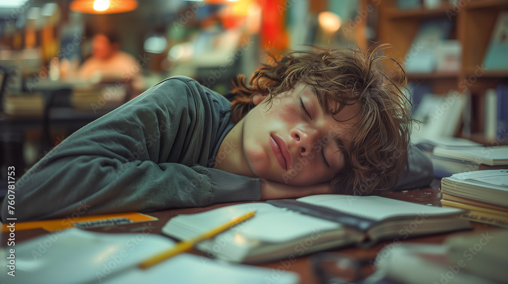 Young man student sleeping on the desk. Young man student sleeping on the desk.