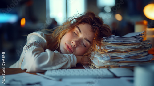 Young woman student sleeping on the desk.