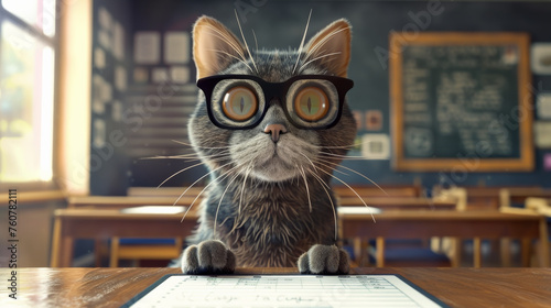 Nerdy cat with glasses sits at a table with books studying in classroom.