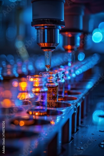 Production lines for medical ampoules with medicine, modern pharmaceutical plant, selective focus