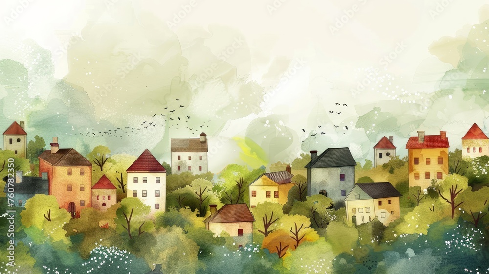 Fototapeta premium A charming watercolor vector illustration capturing a serene landscape dotted with quaint houses