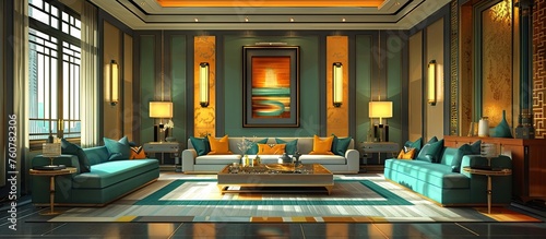 Elegant Chinese Living Room in Art Deco Style with Turquoise and Gold Decor and High-End Furniture