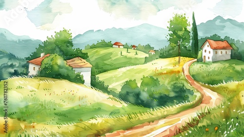 A charming watercolor vector illustration capturing a serene landscape dotted with quaint houses