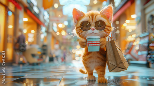 Cute Cat with Shopping bag drinking coffee in department store, happiness, consumerism, sale concept.