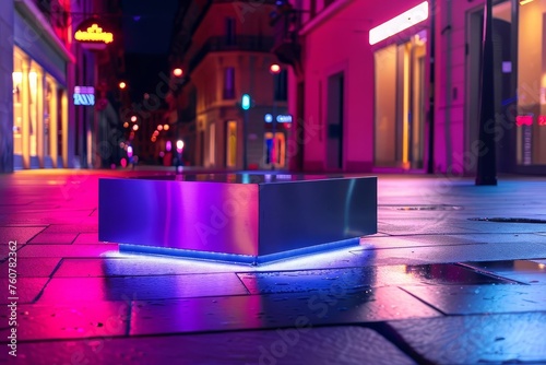 A sleek metallic podium on a neon-lit urban street Perfect for modern footwear launches Streetwear fashion Or edgy technology products.