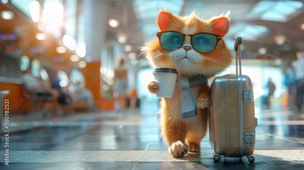 Funny cat traveler with travel bag and coffee cup in airport terminal, travel vacation summer holiday concept. - obrazy, fototapety, plakaty 