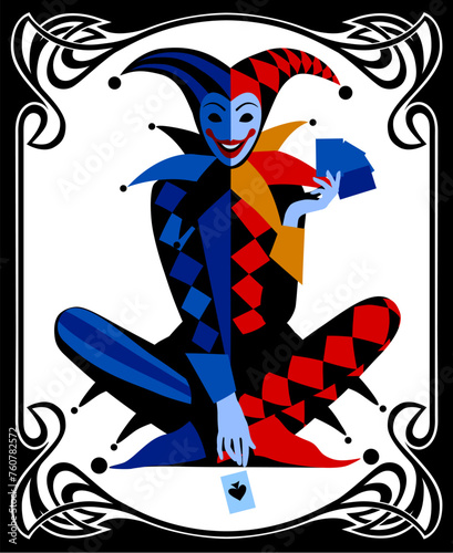 Colorful Joker in flat style sitting cross-legged with playing cards in Art Nouveau style black frame on white background. Vector illustration