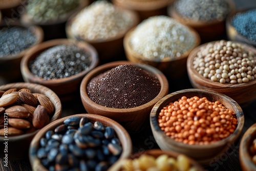 Set of different seeds and nuts with wooden bowls, selective background