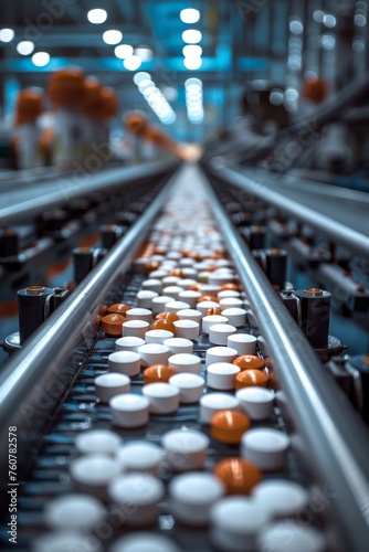Medical industry, pill production technology, drug production plant, selective focus