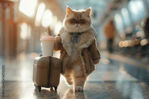 Funny cat traveler with travel bag and coffee cup in airport terminal, travel vacation summer holiday concept. photo