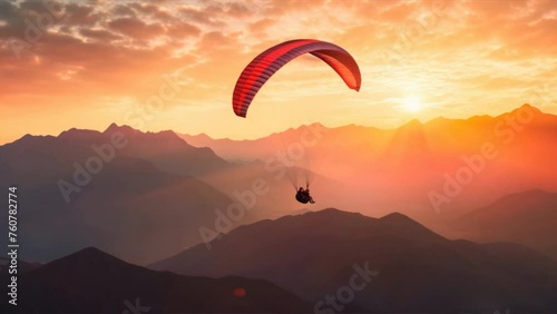 Silhouette of a paraglider soaring gracefully through the vibrant hues of a sunset sky