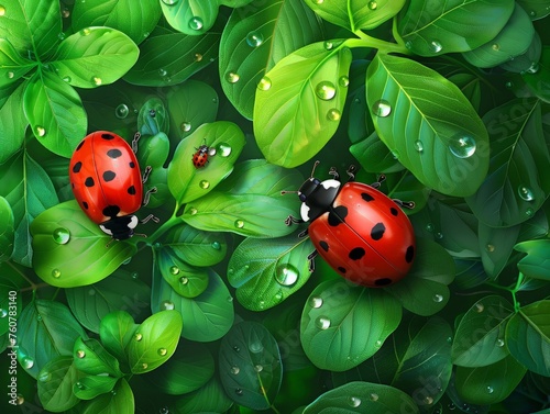 Two vibrant ladybugs are perched on top of lush green leaves in a garden setting © pham