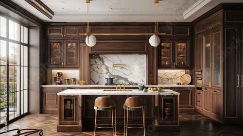A luxurious kitchen with dark walnut cabinets, marble backsplash, and gold hardware accents.