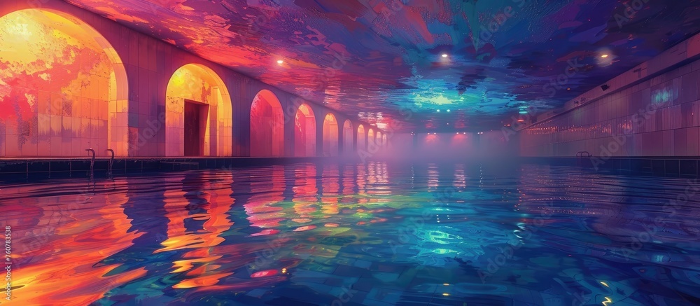 Colorful Psychedelic Indoor Swimming Pool with Arched Doorways and Ancient Temple Reflections
