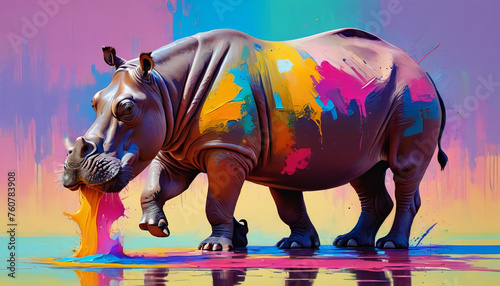Colorful hippopotamus painted in various colors. Conceptual artwork. Generative AI.