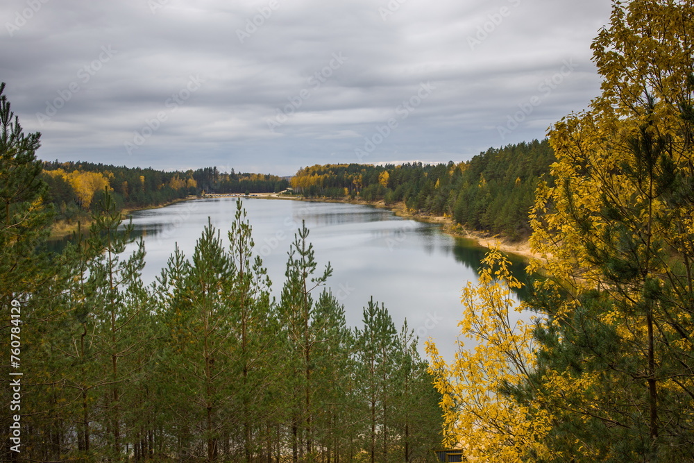 View to the Dubkalni Reservoir in Blue Hills of Ogre (Ogre Zilie Kalni). Latvia.