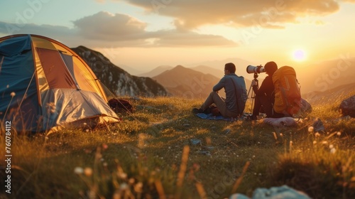 Couple camping and looking through telescope mountain peaks in summer evening at sunset on mountain outdoor, constellation tours, astro holidays, night sky guides, astrophotography