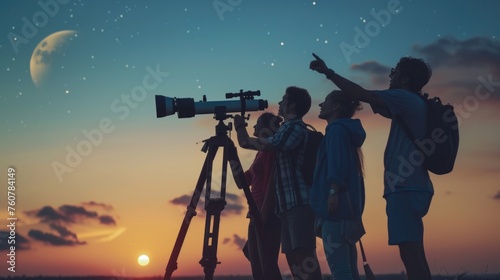 adult friends stargazing together and using a professional telescope and pointing at the sky, astrotourism, stargazing, dark sky preserves, night sky photography, astronomy tours, telescopic viewing