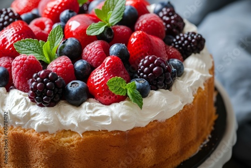 Delicious Angel cake dessert with berries. Plate with delicious sponge bakery dessert. Generate ai