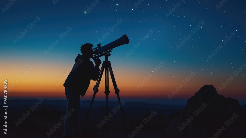 A lone figure stands with a telescope on a hilltop, silhouetted against a mesmerizing canvas of the Milky Way, in a peaceful quest to unlock the mysteries of the night sky, celestial, astronomy tours