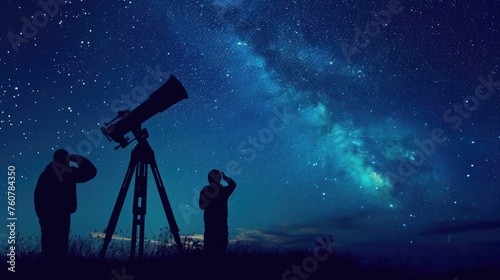 Silhouettes of an astronomer and companion stand beside a telescope, gazing up at the vast tapestry of the Milky Way, inviting discoveries in the stillness of the night, astrotourism,