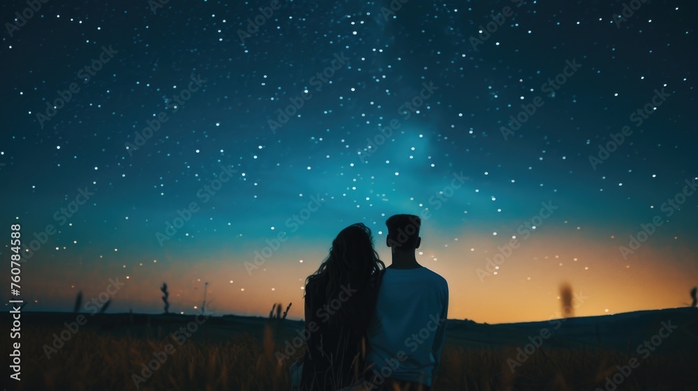 A couple sits closely, immersed in the vast beauty of the night sky peppered with stars and the Milky Way, sharing a moment of cosmic wonder in the tranquil field, astrotourism