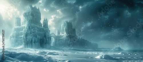 Frozen Fortress in a Dreamlike Winter Storm Landscape: Fantasy Concept Art