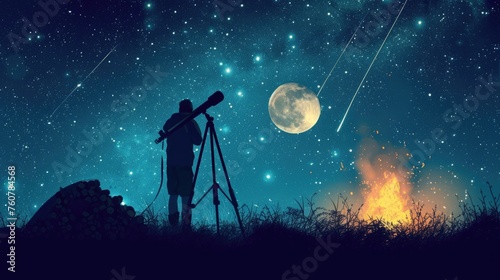 In the tranquility of the night, an astronomer peers through a telescope, capturing the magnificence of the starry sky with the bright moon above and a warm campfire nearby, astrotourism photo