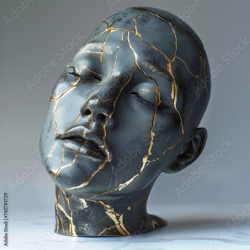 Antique sculpture head restored with japanese Kintsugi technique, gold cracks restoration, The unique beauty of imperfections, representation of psychlogical trauma photo