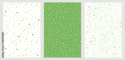 Chaotic even spots or uneven dots seamless vector dotted patterns set. Hand drawn paint splash textures collection. Green spray, tiny specks, blobs, flecks abstract spring, eco, vegan backgrounds. 
