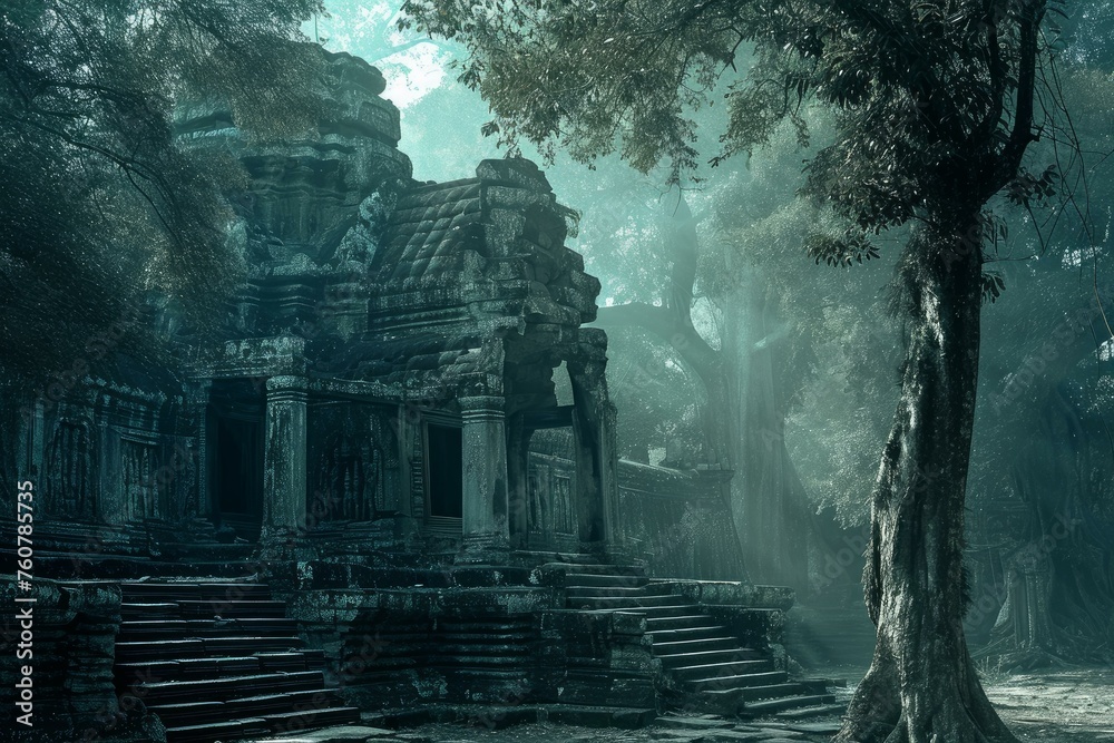 Fototapeta premium Ancient Angkor wat temple. Asia ruin monument architecture tourism. Generate Ai