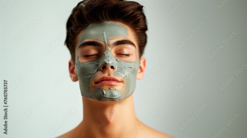 Young man with closed eyes and face mask on isolated background. Men's skin care or spa treatment. Generated by artificial intelligence. Young man with closed eyes and face mask on isolated background. Men's skin care or spa treatment. Generated by artificial intelligence.