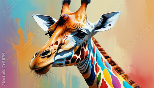 Giraffe on a colorful splattering background. Artistic rendition. Generative AI.