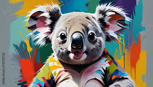 Koala bear on a colorful splattering background. Artistic rendition. Generative AI.   © 4K_Heaven