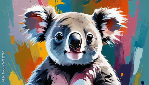 Koala bear on a colorful splattering background. Artistic rendition. Generative AI.