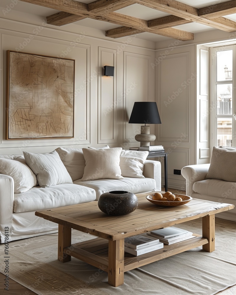 Fototapeta premium Furniture for comfort in an interior design with a couch, table, and wood floors
