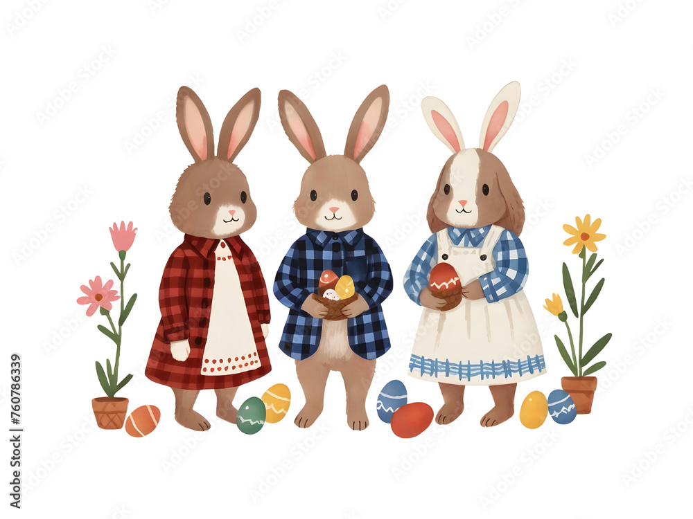 Obraz premium Happy bunnies family with easter eggs and flowers isolated on transparent background. Cartoon illustration for design, greeting card, template, wallpaper, artwork, banner