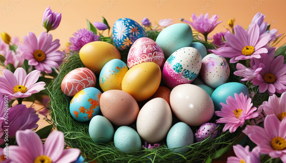 Easter celebration. Colorful eggs in a group.

