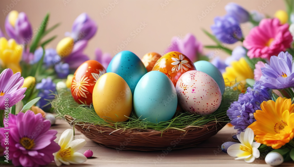Easter celebration. Colorful eggs in a group.

