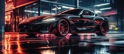 Elegant Black Sports Car Highlighted by Dramatic Neon Reflections at Night photo