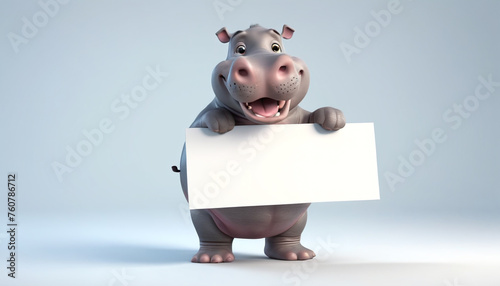 Cheerful hippopotamus holding a white banner for later text insertion. On a gray background. Generative AI. photo