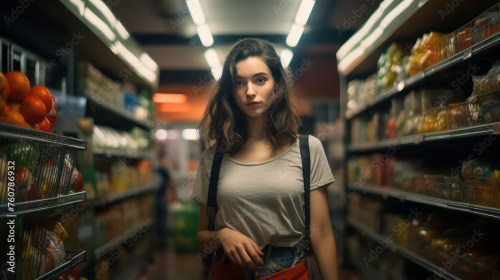 A Consumer Engaging in Retail Shopping in a Well-Stocked Grocery Store Aisle