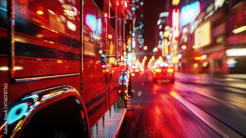 Close-up of ambulance in motion on neon-lit street - Capturing the intensity, a close-up of a speeding ambulance's side mirrors and lights against a neon city background
