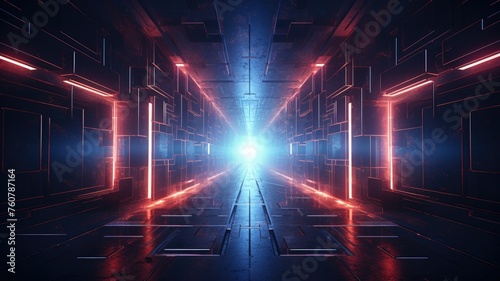 Futuristic corridor lit with neon lights in Sci-Fi setting - A digital illustration of a dark, futuristic corridor glowing with neon red and blue lights, reflecting a concept of advanced technology an