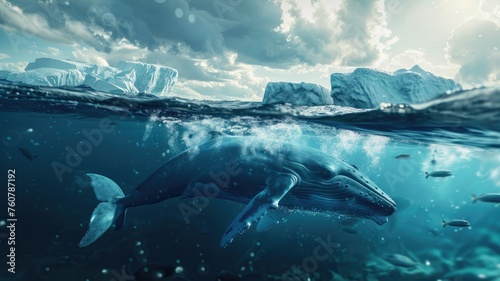 Swimming whale under dramatic ocean waves - The mighty whale swims gracefully beneath the luminous  churning waves of an open ocean