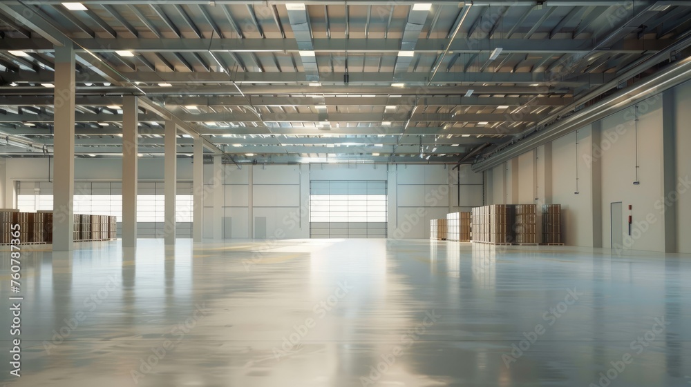 Empty spacious and well-lit warehouse interior - Large empty warehouse space with daylight streaming in, indicating industrial storage and logistic concepts - obrazy, fototapety, plakaty 