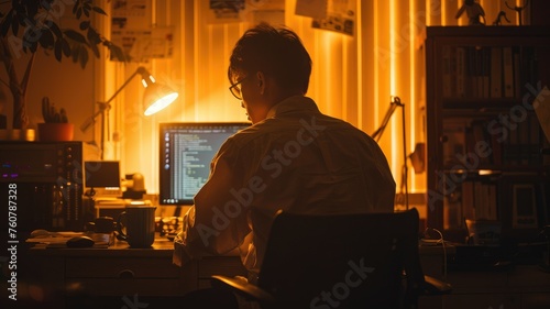 Programmer working late at night - Back view of a male programmer working at his desk in a dimly lit room with warm lighting