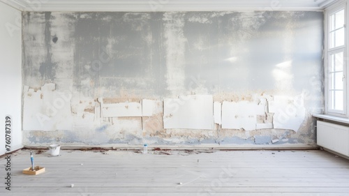 Empty room with damaged wall and floor - An empty room with a large damaged wall needing repair, faded paint, and wooden flooring