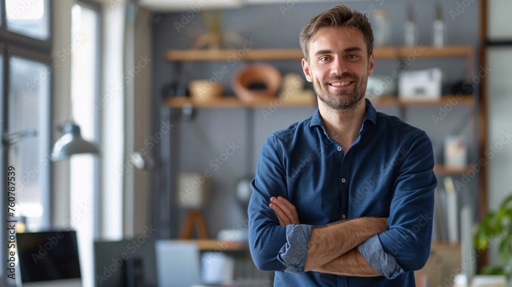 Smiling Confident Businessman in Modern Office Setting. Elegant stylish corporate leader successful ceo executive manager. - obrazy, fototapety, plakaty 